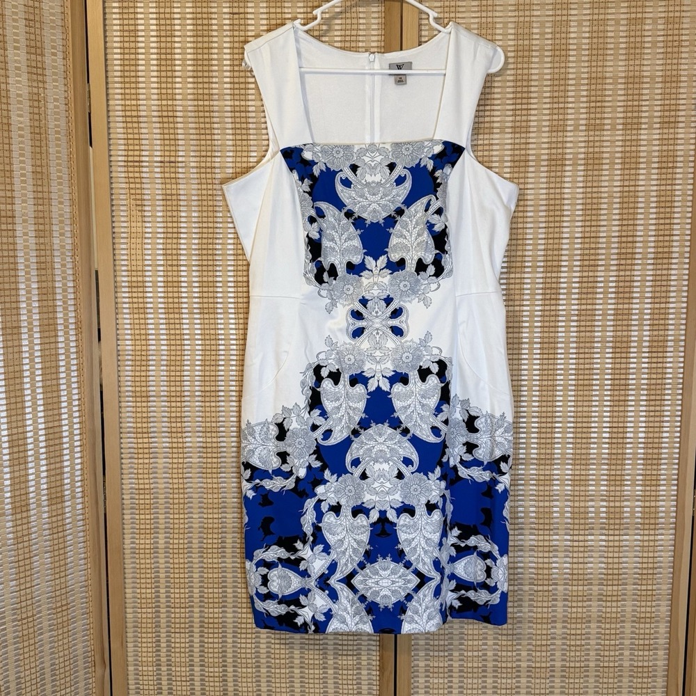 Worthington Womens 16‎ Dress White Blue Black Floral Sheath Sleeveless Midi